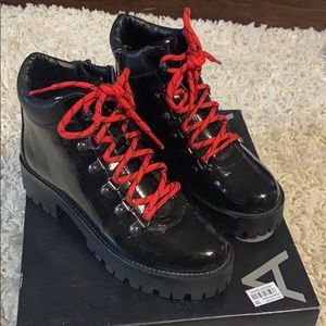 Aqua black patent boots